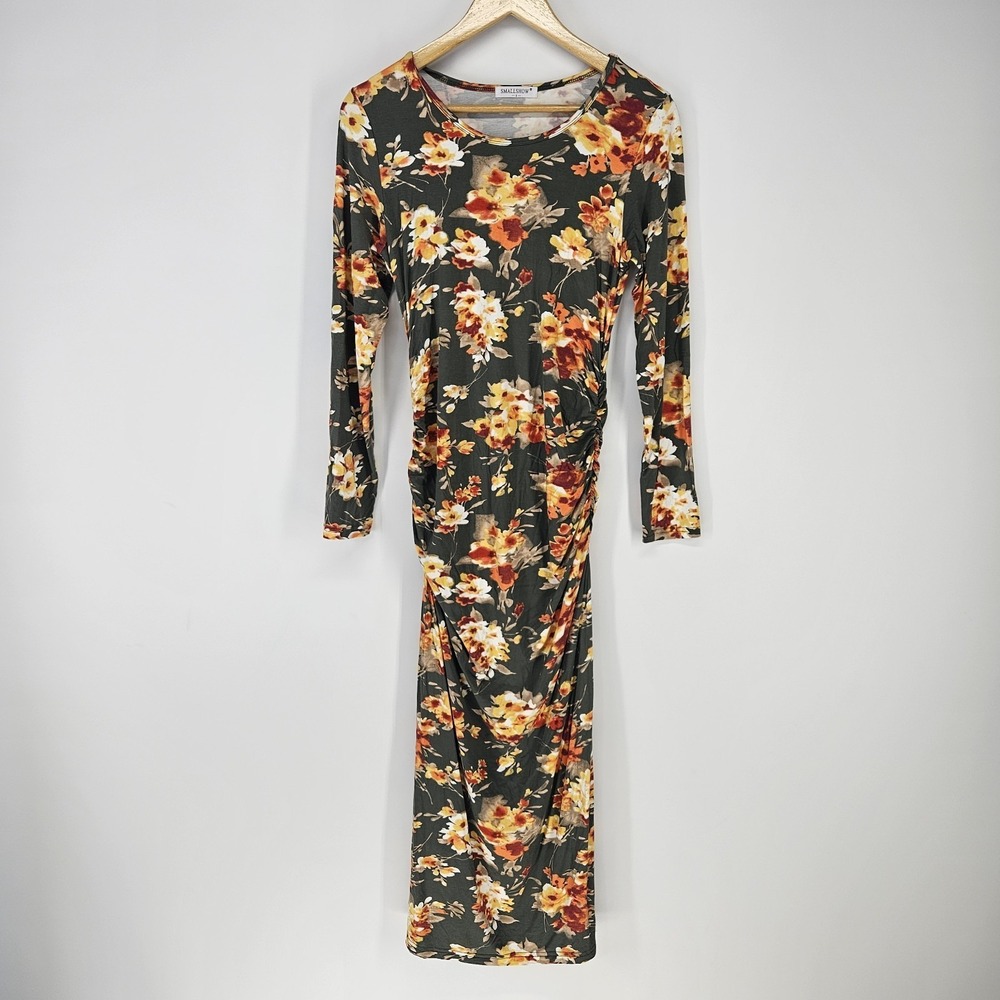 Smallshow Maternity Dress Small Floral Ruched Side Slit Midi Sexy Baby Shower